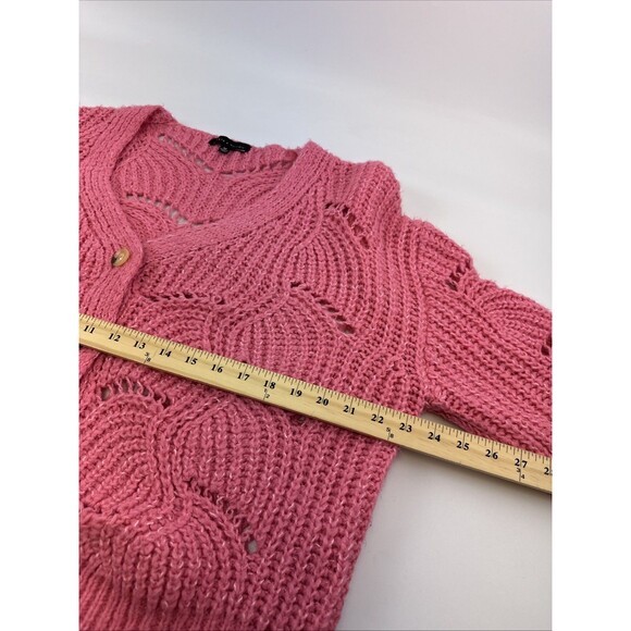 Slate And Willow Pink Open Knit Sweater Cardigan Crochet Button Womens Medium - Picture 8 of 10